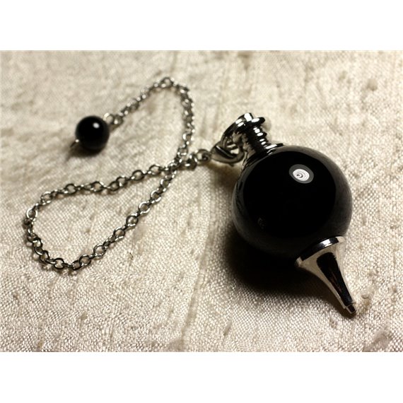 Pendule Métal Argenté Rhodium et Pierre semi précieuse - Obsidienne Noire Boule 30mm