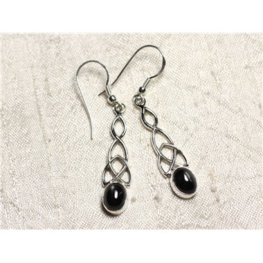 BO241 - Boucles oreilles Argent 925 et Pierre Onyx noir Noeud Celtique 36mm