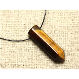 Collier Perle Pendentif Pierre Crayon Pointe Facetté 30mm Oeil de Tigre Marron bronze doré noir reflets