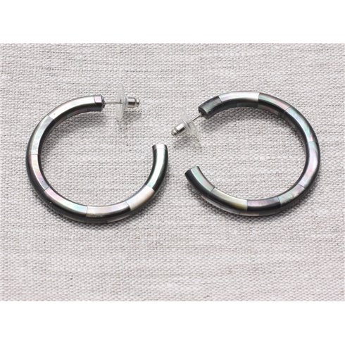 Boucles d'Oreilles Créoles Anneaux Cercles Nacre noire Mosaïque 44mm - Ethnique Vintage designer francais - 8741140025073