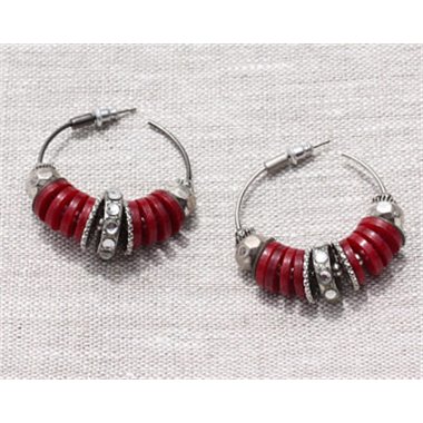 Boucles d'Oreilles Créoles Anneaux Cercles Résine et CCB Rouge Argenté 38mm - Ethnique Vintage designer francais - 8741140025110