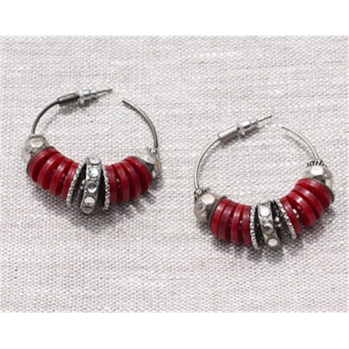 Boucles d'Oreilles Créoles Anneaux Cercles Résine et CCB Rouge Argenté 38mm - Ethnique Vintage designer francais - 8741140025110