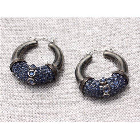 Boucles d'Oreilles Créoles Cercles Résine et Verre Bleu Marine Bronze 36mm - Ethnique Vintage designer francais - 8741140025080