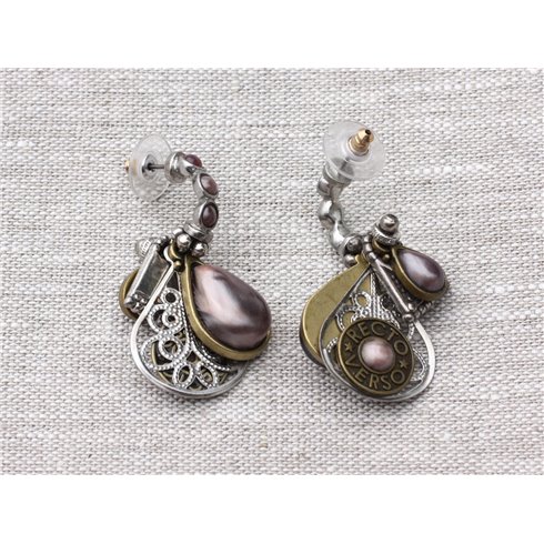 Boucles d'Oreilles Créoles Pendantes Résine CCB Violet rose argenté bronze Gouttes 45mm - Ethnique Vintage designer francais - 8