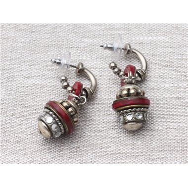 Boucles d'Oreilles Créoles Pendantes Résine et CCB Rouge Bronze Argenté Lanterne 46mm - Ethnique Vintage designer francais - 874