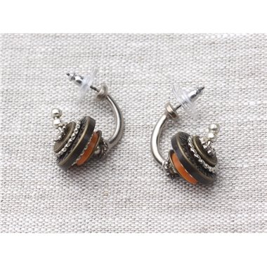 Boucles d'Oreilles Créoles Résine et CCB Orange Bronze Argenté 30mm - Ethnique Vintage designer francais - 8741140025011