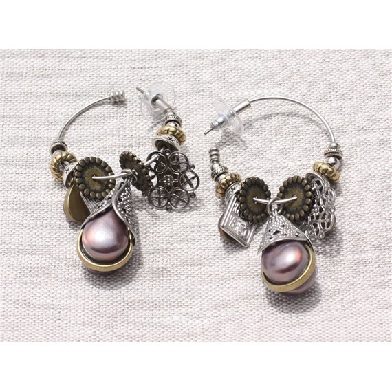 Boucles d'Oreilles Pendantes Anneaux Créoles Résine Rose Argenté Bronze 63mm - Ethnique Vintage designer francais - 874114002515