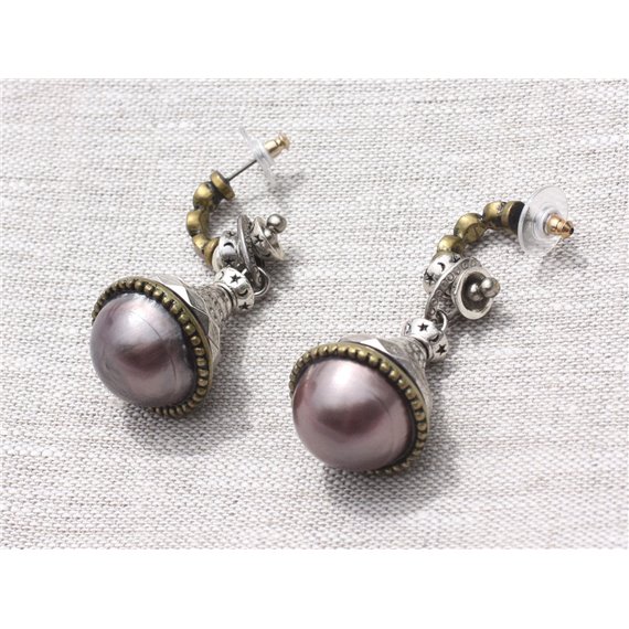 Boucles d'Oreilles Pendantes Résine Violet Rose Argenté Bronze Cônes et Boules 55mm - Ethnique Vintage designer francais - 87411