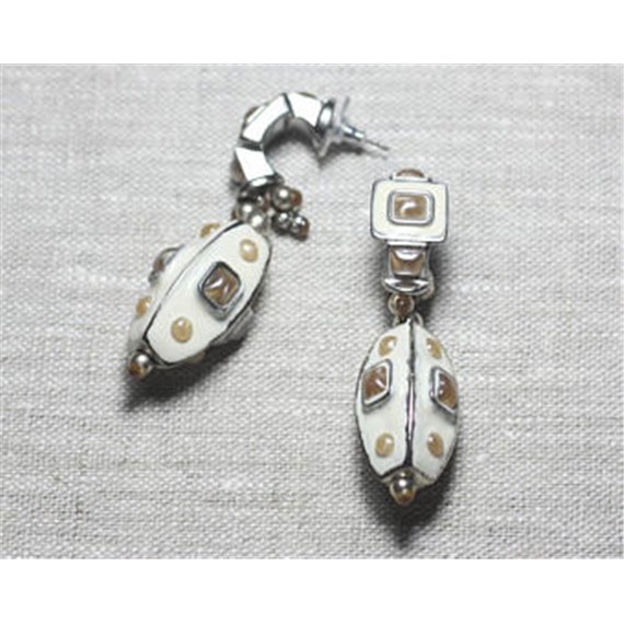 Boucles d'Oreilles Résine CCB Argenté blanc crème jaune pendantes olives 62mm - Ethnique Vintage designer francais - 87411400264