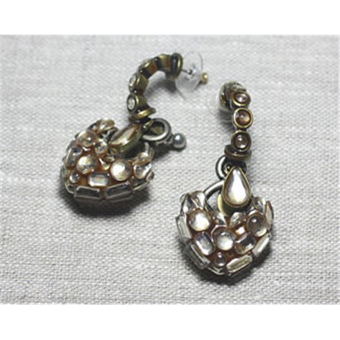 Boucles d'Oreilles Résine CCB Blanc bronze argenté Coeurs strass 25mm - Ethnique Vintage designer francais - 8741140026285