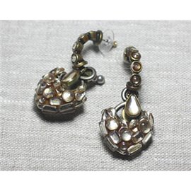 Boucles d'Oreilles Résine CCB Blanc bronze argenté Coeurs strass 25mm - Ethnique Vintage designer francais - 8741140026285