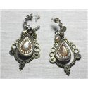 Boucles d'Oreilles Résine CCB Blanc bronze argenté pendantes gouttes 85mm - Ethnique Vintage designer francais - 8741140026292