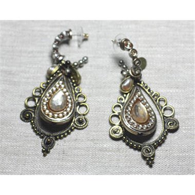 Boucles d'Oreilles Résine CCB Blanc bronze argenté pendantes gouttes 85mm - Ethnique Vintage designer francais - 8741140026292