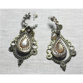 Boucles d'Oreilles Résine CCB Blanc bronze argenté pendantes gouttes 85mm - Ethnique Vintage designer francais - 8741140026292