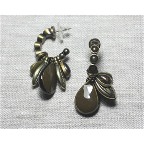 Boucles d'Oreilles Résine CCB Marron Bronze doré pendantes gouttes breloques 45mm - Ethnique Vintage designer francais - 8741140