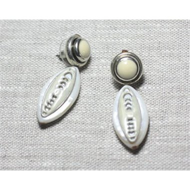 Boucles d'Oreilles Résine CCB Nacre Argenté blanc jaune clous pendantes navettes 45mm - Ethnique Vintage designer francais - 874