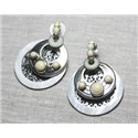 Boucles d'Oreilles Résine CCB Nacre Argenté blanc jaune créoles arabesques 40mm - Ethnique Vintage designer francais - 874114002