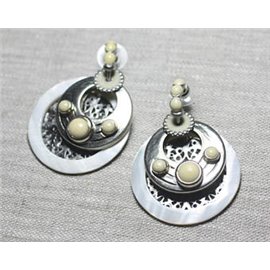 Boucles d'Oreilles Résine CCB Nacre Argenté blanc jaune créoles arabesques 40mm - Ethnique Vintage designer francais - 874114002