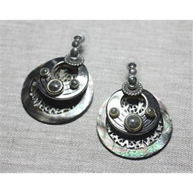 Boucles d'Oreilles Résine CCB Nacre Argenté gris noir cercles arabesques 40mm - Ethnique Vintage designer francais - 87411400265