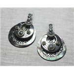 Boucles d'Oreilles Résine CCB Nacre Argenté gris noir cercles arabesques 40mm - Ethnique Vintage designer francais - 87411400265