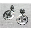 Boucles d'Oreilles Résine CCB Nacre gris noir clous pendantes cercles arabesques 37mm - Ethnique Vintage designer francais - 874