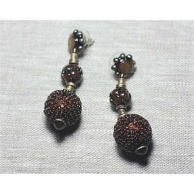 Boucles d'Oreilles Résine CCB Verre - Marron Bronze pendantes boules 18mm - Ethnique Vintage designer francais - 8741140026322