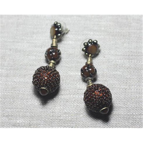 Boucles d'Oreilles Résine CCB Verre - Marron Bronze pendantes boules 18mm - Ethnique Vintage designer francais - 8741140026322