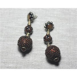 Boucles d'Oreilles Résine CCB Verre - Marron Bronze pendantes boules 18mm - Ethnique Vintage designer francais - 8741140026322