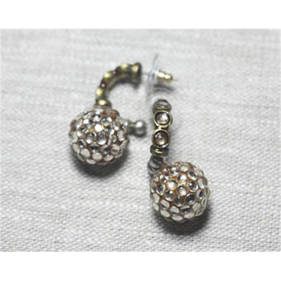 Boucles d'Oreilles Résine et CCB Blanc Boules strass 15mm - Ethnique Vintage designer francais - 8741140026278