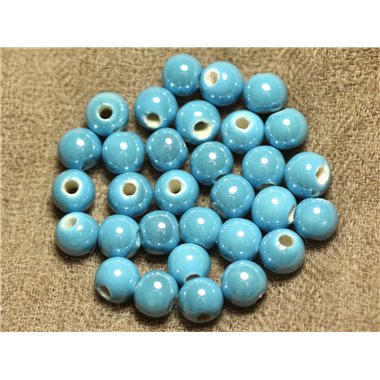 10pc - Perles Ceramique Porcelaine Boules 6mm Bleu Ciel Azur Turquoise irisé - 7427039735339