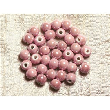 10pc - Perles Ceramique Porcelaine Boules 6mm Rose clair poudre dragée pastel irisé - 7427039735377