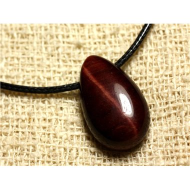 Collier Pendentif Pierre - Oeil de Taureau Tigre Rouge Goutte 25x15mm