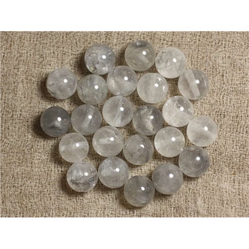 Fil 39cm 37pc environ - Perles Pierre - Cristal de Roche Quartz blanc gris Boules 10mm