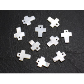 10Stk - Perlen Charms Anhänger Natürliches Perlmutt Kreuz 12mm Irisierend weiß - 7427039737784