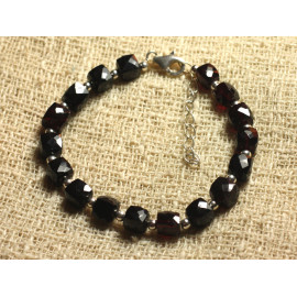 Bracelet Argent 925 et Pierre - Spinelle Noire et Grenat Facettés 6-7mm 