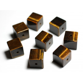 1pc - Perle Pendentif Pierre - Oeil de Tigre Cube 15mm Marron Bronze Doré Noir - 7427039740708
