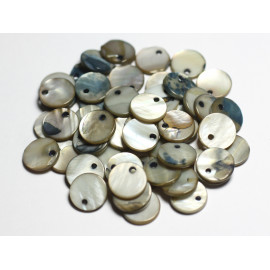 20pc - Perles Breloques Pendentifs Nacre Ronds plats 10-11mm gris noir beige - 7427039740715