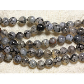 Fil 39cm 45pc environ - Perles Pierre Agate Veine de Dragon blanc gris noir craquelé Boules 8mm