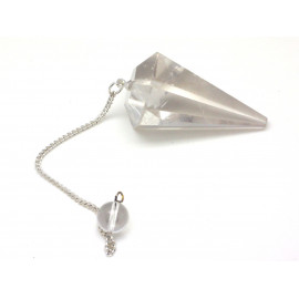 Pendule Métal Argenté Rhodium et Pierre Cristal de roche Quartz Prisme Triangle Facetté 36mm transparent