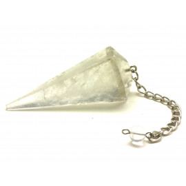 Pendule Métal Argenté Rhodium et Pierre Cristal de roche Quartz Prisme Triangle Facetté 72mm transparent