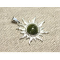 Pendentif Argent 925 et Pierre - Soleil 28mm - Jade Canada Nephrite vert kaki rond 10mm