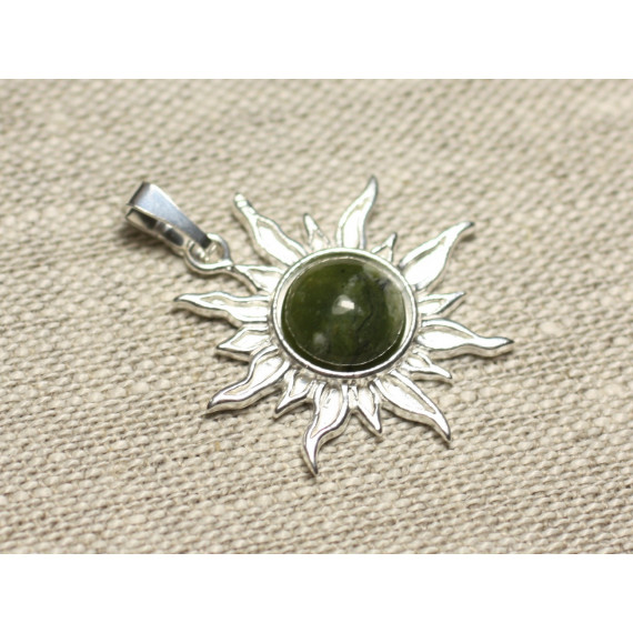 Pendentif Argent 925 et Pierre - Soleil 28mm - Jade Canada Nephrite vert kaki rond 10mm