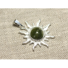 Pendentif Argent 925 et Pierre - Soleil 28mm - Jade Canada Nephrite vert kaki rond 10mm