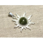 Pendentif Argent 925 et Pierre - Soleil 28mm - Jade Canada Nephrite vert kaki rond 10mm