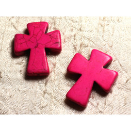 1pc - Perle Pierre Turquoise Synthese Croix 35x30mm Rose fluo - 4558550011763