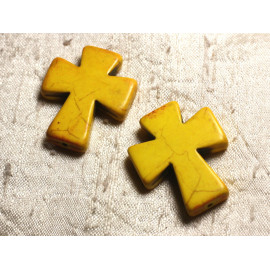 1pc - Perle Pierre Turquoise Synthese Croix 35x30mm Jaune - 4558550011794