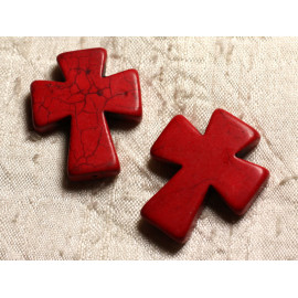 1pc - Perle Pierre Turquoise Synthese Croix 35x30mm Rouge - 4558550011800
