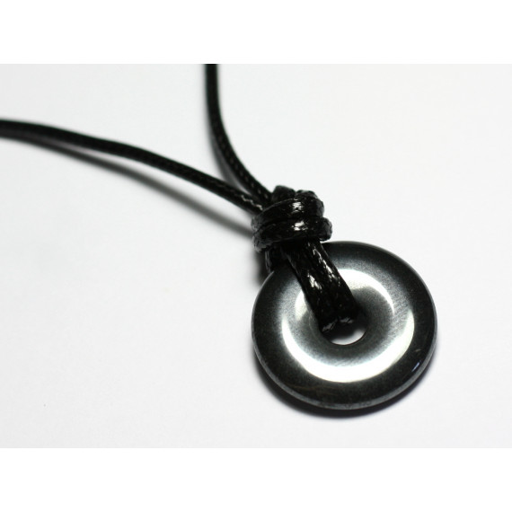 Collier Pendentif Pierre Hematite Rond Cercle Anneau Donut Pi 20mm Métal gris noir argenté