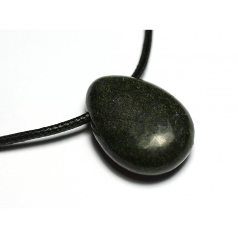 Collier Perle Pendentif Pierre Serpentine Goutte 25mm vert kaki noir