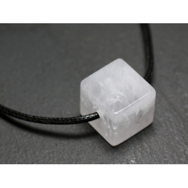 Collier Pendentif Perle Pierre Cristal de roche Quartz Cube 15mm Blanc